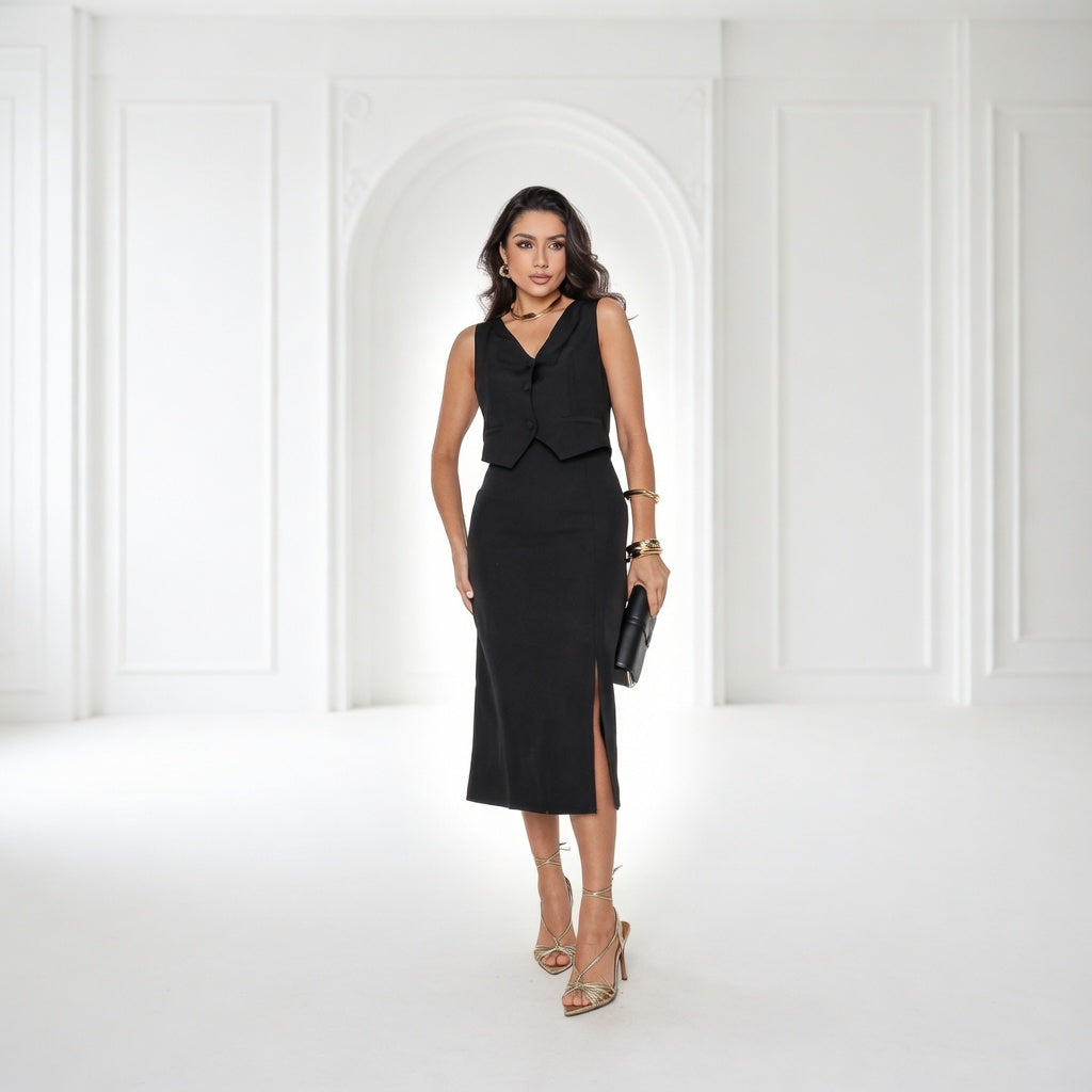 Conjunto Feminino Alfaiataria Premium Colete e Saia Midi Elegante (Estoque no Brasil)