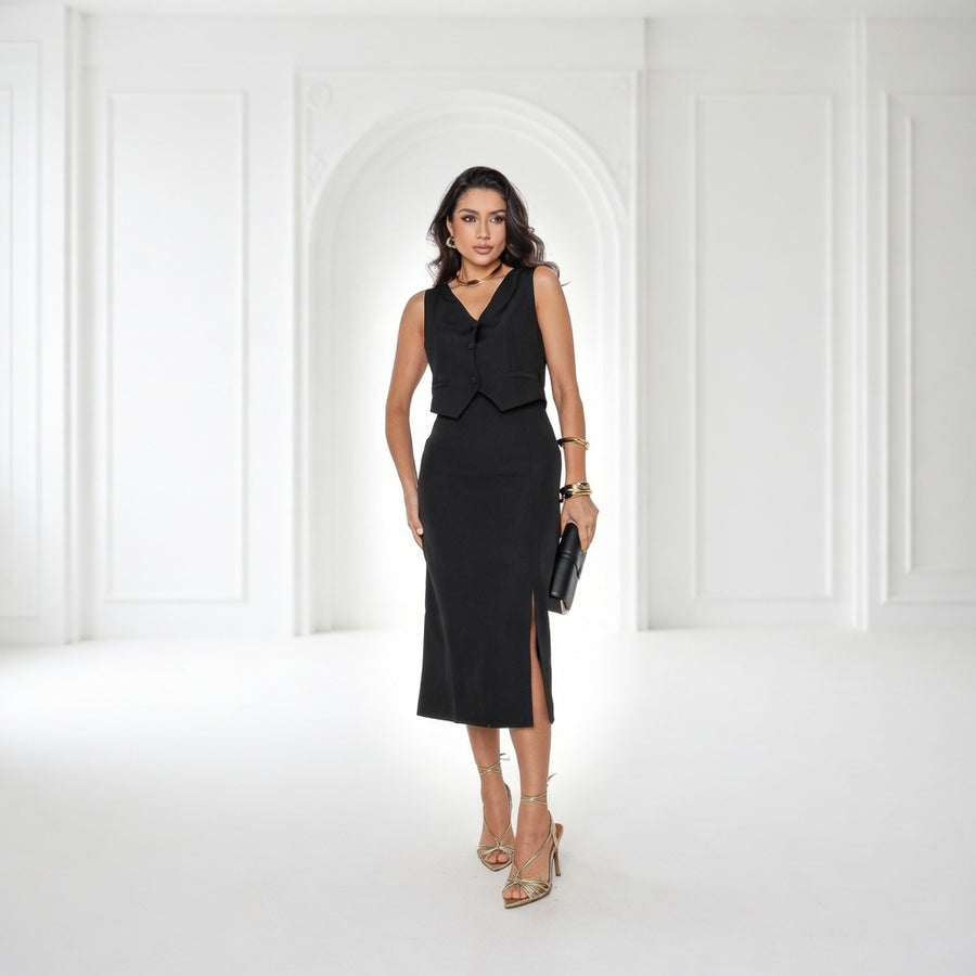 Conjunto Feminino Alfaiataria Premium Colete e Saia Midi Elegante (Estoque no Brasil)