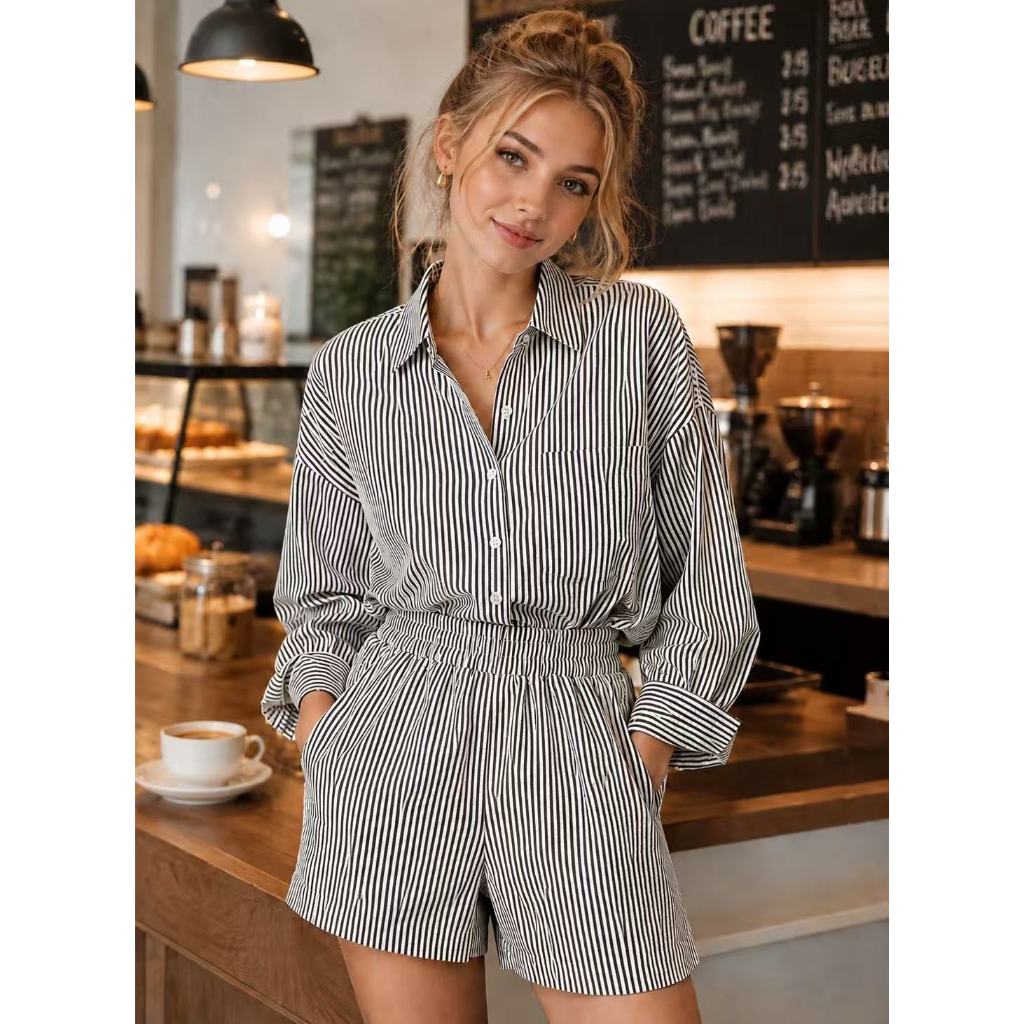 Conjunto Listrado Camisa e Shorts - Casual Chic Atemporal
