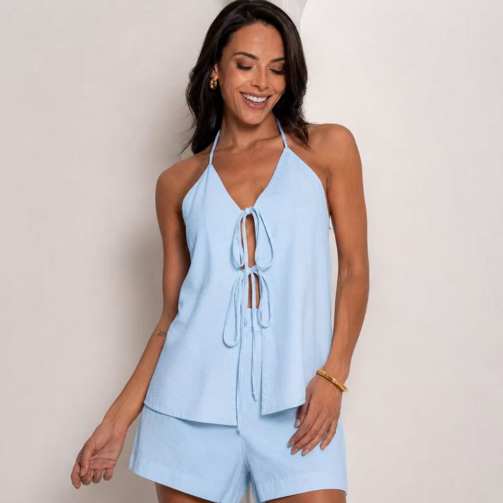 Conjunto Frente Única e Shorts com Amarração - Tendência Verão